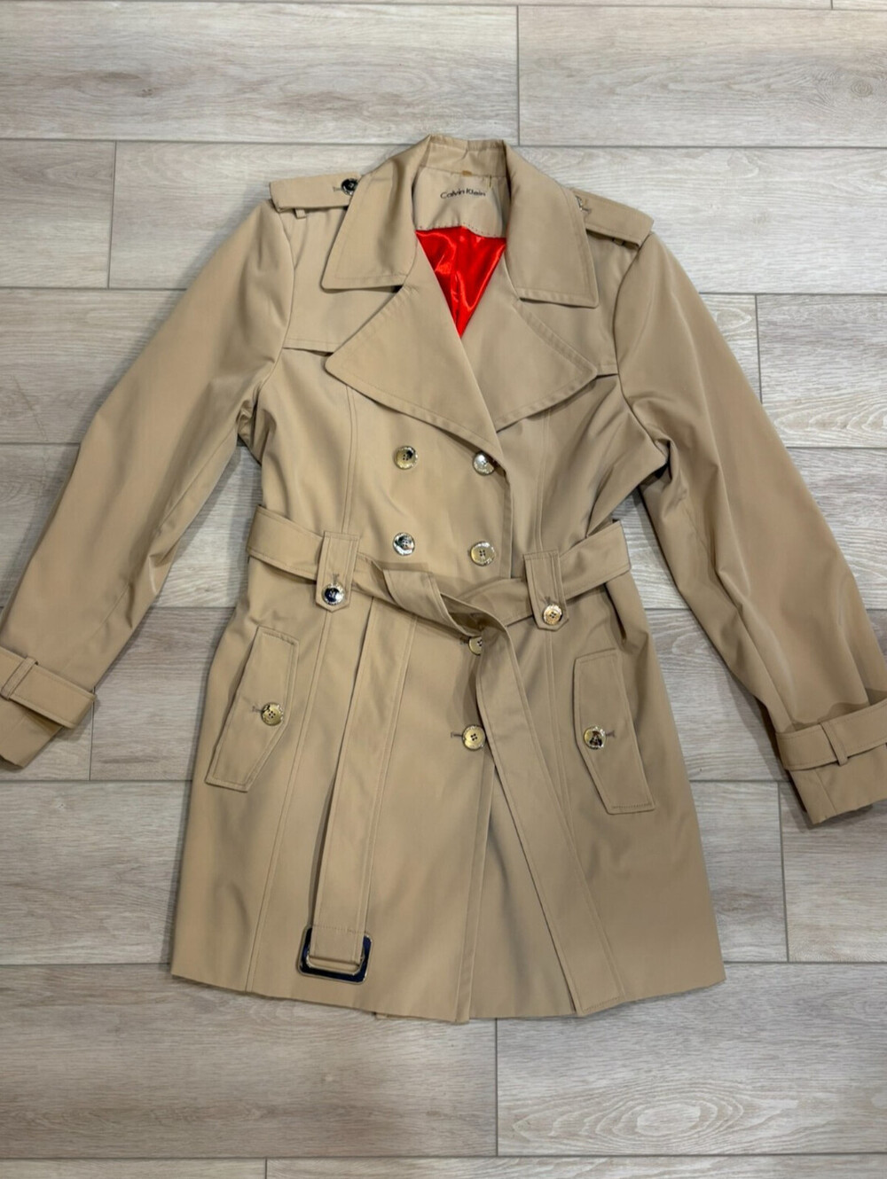 Calvin Klein Womens Tan Double-Breasted Belted Trench Coat Size XL